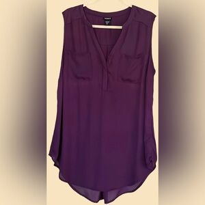 TORRID Plum Purple Sheer Silk Like Button Up Sleeveless Top,Sz 0 like a 12,EUC.